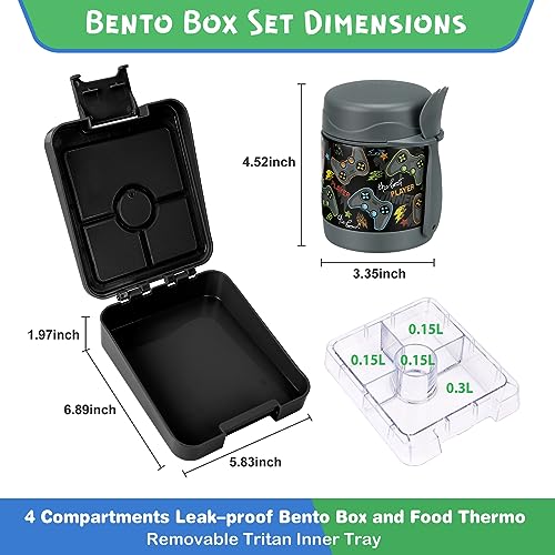 Pawtong Bento Lunch Box Set With 10oz Soup Thermo, Leak-proof Lunch Containers with 4 Compartment, Kids Hot Thermo Food Jar/Insulation Lunch Bag, Food Containers for School (Black-Games) - color: Black-Games