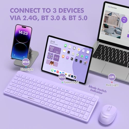 Purple Wireless Keyboard and Mouse Combo for Desktop Mac iPad Bluetooth 2.4 Ghz Rechargeable Slim Silent Click with Number Pad Compatible with Pc, Laptop, Tablet (Purple) - color: Purple