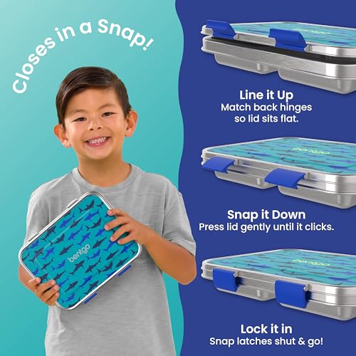 Bentgo Kids Stainless Steel Prints Leak-Resistant Lunch Box - 3-Compartments with Bonus Silicone Container, Durable, Eco-Friendly, Dishwasher Safe, BPA-Free, Ideal for School, Ages 3+ (Shark) - color: Shark
