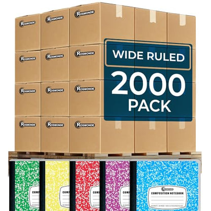 Rosmonde 2000 Pack (Pallet) Composition Notebooks Bulk, Wide Ruled, Full Pallet of Composition Notebooks, 200 Pages (100 Sheets), 9-3/4 x 7-1/2, Bulk Notebooks for School & Office, 4-7 Days Transit - size: 2000 Pack | Full Pallet