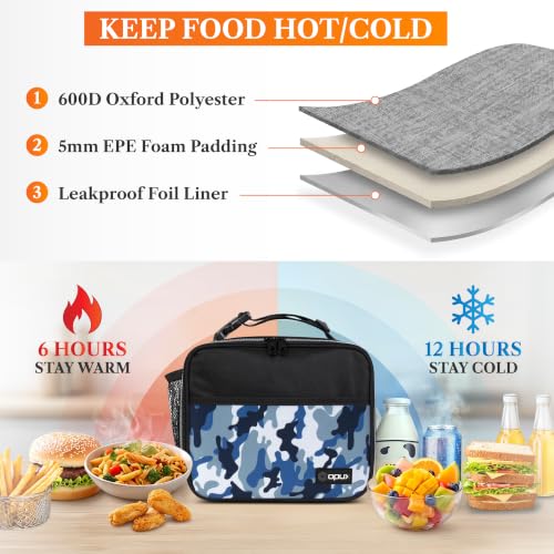 opux Insulated Lunch Bag for Kids, Reusable Lunch Box for School with Leakproof Lining, Compact Soft Cooler Tote for Boys & Girls, Front Pocket, Mesh Side Bottle Holder (Camo Blue) - color: Camo Blue
