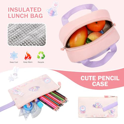 FIXITOK Rolling Backpack for Girls, Kawaii Bunny Roller Wheels School Backpacks with Lunch Bag Pencil case, Wheeled Suitcase Bookbag for Elementary Travel Pink - color: Pink