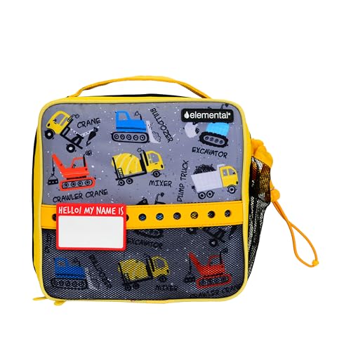 Elemental Insulated Lunch Bag for Kids, with Water Bottle Pocket & Charm Band, Fits Lunch Box, Lunch Bag for School to Keeps Food at Optimal Temperature, 3L - Construction - color: Gray