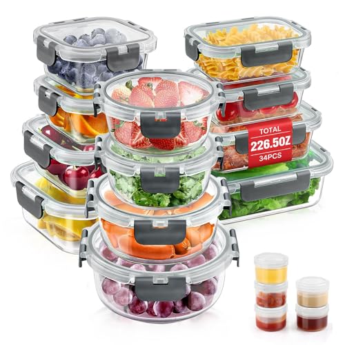 AMALEKO 34pc Glass Food Storage Containers with Lids Set, Airtight Glass Meal Prep Containers, Leak Proof Lunch Container BPA-Free, Microwave, Oven, Freezer, Dishwasher Safe-Gray - color: Gray