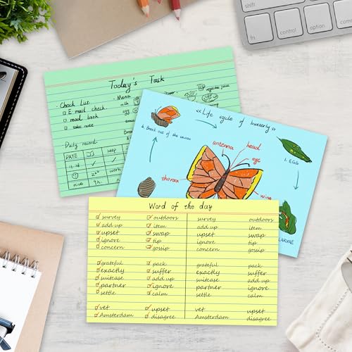 Chell Pastel Colors Ruled Index Cards 4x6 Heavyweight, 200 Count | 65 lb. Cover Weight, Ruled Front and Blank Back, Easy Writing, Not Easy to Penetrate Ink - color: Pastel, size: 4"x6"