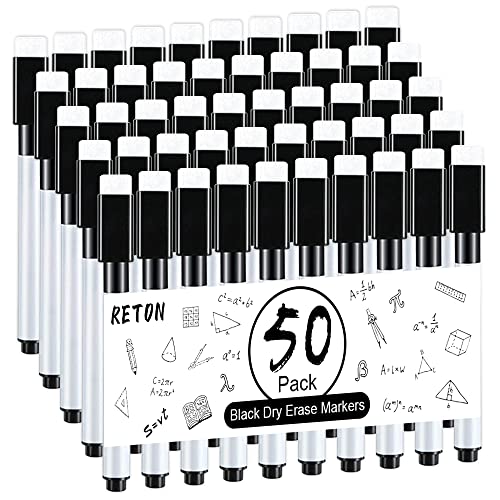 RETON 50 Pcs Rewritable Magnetic Dry Wipe White Board Markers Pens with Eraser Cap, 4.5 in Mini Dry Erase Marker with Fine Tip for Classroom, Office, Hospital, Home and Factory (50 Pcs, Black) - size: 1 Count (Pack of 50)