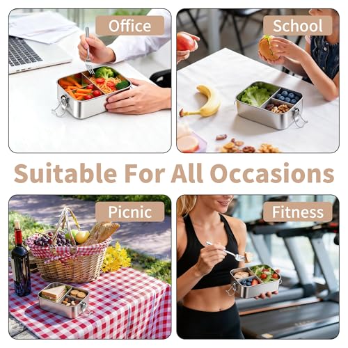 TeamFar 2 Pack Stainless Steel Bento Box, 28oz Metal Lunch Box | with 3 Compartments for Adults/Kids, Lunch Food Containers for School/Work/Meal Prep, Leak-Proof & Dishwasher Safe, 850ML - size: 850ML