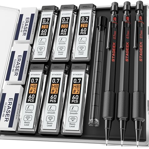 STAGEEK 0.7mm Mechanical Pencil Set, 3PCS Metal Mechanical Pencils 0.7mm with 6 Tubes HB & 2B Lead Refills,Erasers, Weatherproof Artist Pencils with Case for Outdoor Writing Drafting Drawing - size: 0.7 MM, style: 21 PCS