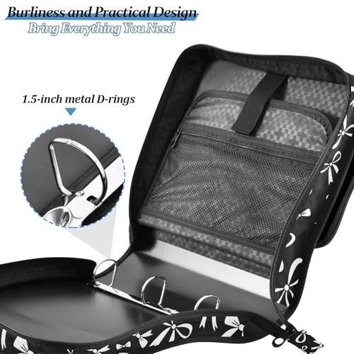 Zipper Binder Bag 3 Ring File Folder Portfolio Organizer Zippered Binder Bags with Strap Fits Laptop Women Men - color: 30-black White Bow