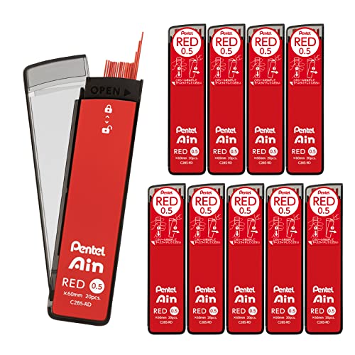 Pentel Ain Mechanical Lead, 0.02 inches (0.5 mm), Red, 10 Pieces - size: 1 Count (Pack of 10), style: RD