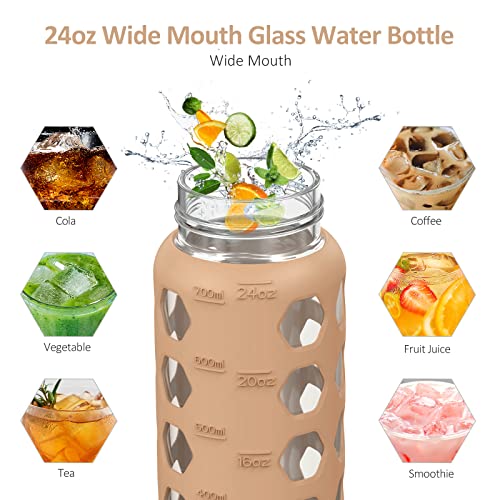 MUKOKO 24oz Glass Water Bottle, Amber | Glass Tumbler with Straw, Drinking Bottles with 2 Lids-Handle Spout Lid & Bamboo Straw Lid, Silicone Sleeve, 1 Pack - color: Amber, size: 24 Ounces