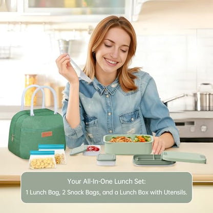 JBGOYON 4-in-1 Bento Box and Insulated Lunch Bag Set, Green | 6-hour insulation, 7.5 L lunch bag, leakproof 1.9 L container with 2 sauce cups, fork and spoon, 2 snack bags, BPA-fre - color: Green