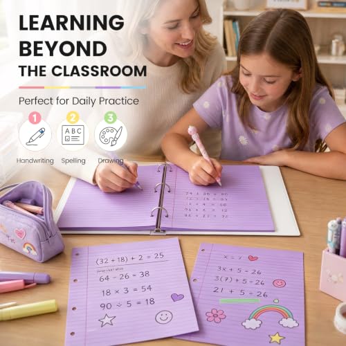 HIBOX Loose Leaf Paper Wide Ruled, 100 Sheets 8"x10.5" 3-Hole Punch, Purple | Anti-Bleed, 11/32" Spacing, Filler Paper for Binders, College, Office, School Supplies, Back to School & Classroom Must Haves - color: Purple