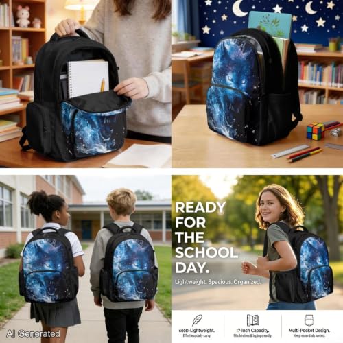 Blue Galaxy Wolf Backpack for Boys Girls Kids Backpack with Lunch Box Water Bottle Pouch and Zipper Pencil Case 4PCS Set Bookbag with Pockets for School 17 inch Large School Bag - color: Blue Wolf