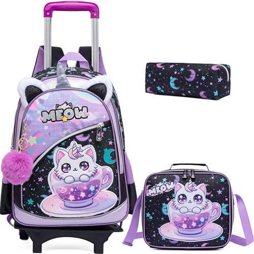 Meetbelify Girls Cute Backpack with Wheels for Elementary Students Kids Black Travel Luggage - color: Black Cat