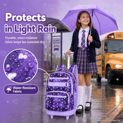 3Pcs Rolling Backpack for Girls, 19" Kids Wheeled Bookbag with Lunch Box, Roller Bag for Elementary Travel (Purple) - color: Starry Sky Purple