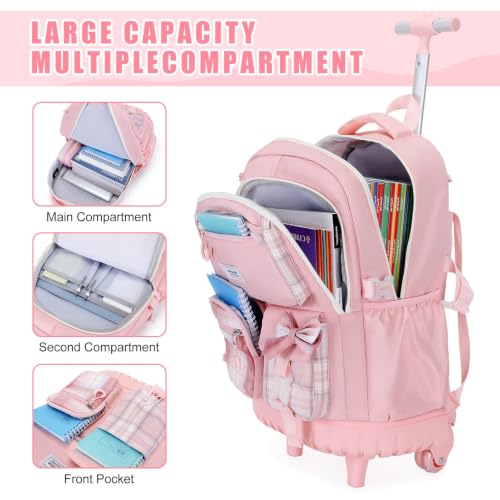 Bevalsa Rolling Backpack for Girls, Roller Backpack with Wheels, Cute Bow Plaid Wheeled School Bookbag Set with Lunch Bag & Pen Case, Suitcases for Kids Teens Elementary Middle Student (Pink) - color: Pink Plaid