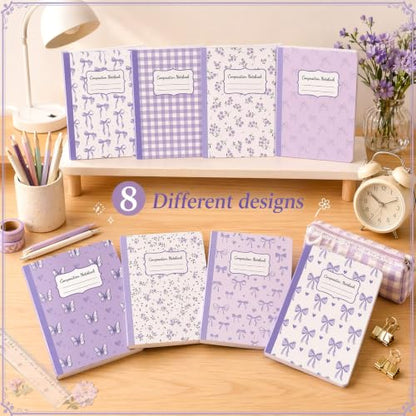 8 Pack Purple Bow Composition Notebooks Bulk Purple Notebook College Ruled Journal 100 Pages Cute Aesthetic Bow Composition Books Back to School Gift for Student Teacher Office Supplies 9.7x7.5 Inch - color: Purple Bow