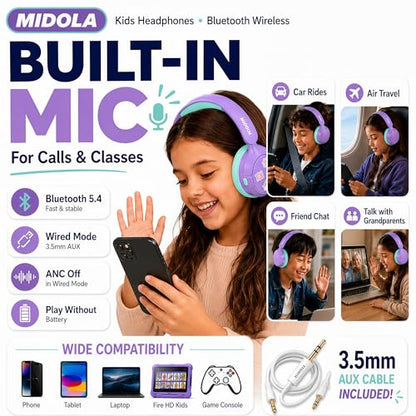 MIDOLA Kids Bluetooth Headphones Active Noise Cancelling,68H Play Time,Lightweight Wireless Foldable Over-Ear Headphone for Kid Toddler,Volume Limited 85/94dB,Headsets with Built-in Mic Purple - color: Purple