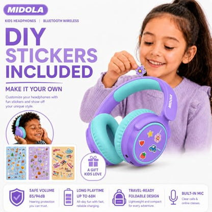 MIDOLA Kids Bluetooth Headphones 68H Play Time,Volume Limit 85/94dB, Foldable Lightweight Wireless Over-Ear Headphone for Kid Toddler Child Pad Tablet,Headsets with Built-in Mic Purple - color: Purple
