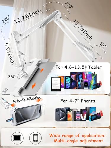 CACENCAN 33.5 Inch Tablet Stand, Adjustable Gooseneck Tablet Arm, Universal Tablet Holder Stand for Bed Desk, 360° Rotation, Carbon Steel Alloy, Fits 4-9.5" iPad iPhone, for Working Watching Movies - color: White