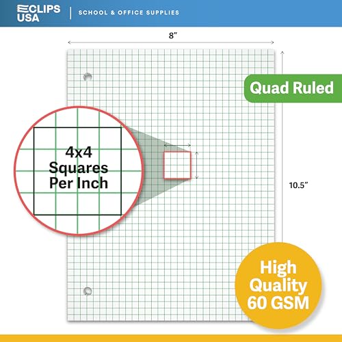 Graph Paper Loose Leaf Paper Quad Ruled Notebook Paper Quad Ruled 4” x 4” Square Lined Writing Filler Paper 10.5” x 8” 450 Sheets 150 Sheets Per Pack 60 gsm (3 Pack) - size: 3 Pack