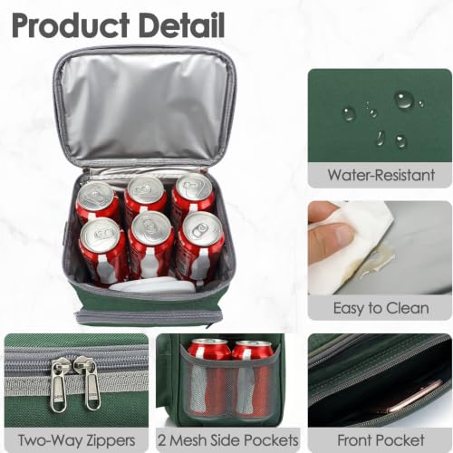 FlowFly Insulated Reusable Lunch Bag Adult Large Lunch Box for Women and Men with Adjustable Shoulder Strap,Front Zipper Pocket and Dual Large Mesh Side Pockets,ArmyGreen - color: ArmyGreen