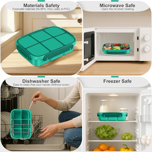 Amathley Lunch Box Kids Girls Boys,Bento Box Adult,Toddler Lunch Containers for School,Leakproof Snack Containers with 6 Compartments,Sauce Container,10 Food Picks and 4 Muffin Cups (Green) - color: Green