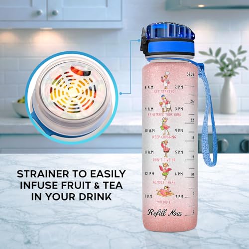 Flamingo Water Bottle 32oz with Time Marker Cute Pink Flamingo Gift Birthday Gift for Women Girls Reusable Daily Motivation Drinking Bottle with Handle and Lid - color: Pink White