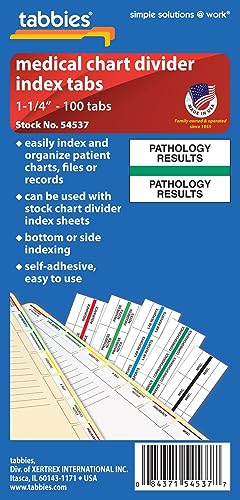 Tabbies 54537 Pathology Results Medical Chart Index Tabs, 100 Pack, Green 1.25 x 0.5 in Self-Adhesive Patient File Divider Tabs for Records & Folders - style: Pathology Results