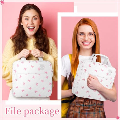 Zipper Binder Folder Keeper with Strap 2 Inch 3 Ring Multi-Pocket Zipper Bag for 13" Laptop 5-tab Expanding File Folder for Women Men Office Middle High School(White,Pink Bow) - color: White, style: Pink Bow