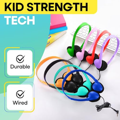 Kids Headphones Bulk 5 Pack for School Classroom Students, Wired On-Ear Headset Class Set for K-12 Teachers Children Teens, 3.5mm Jack for Chromebook Laptop Computer PC (HY857, 5 Mixed)
