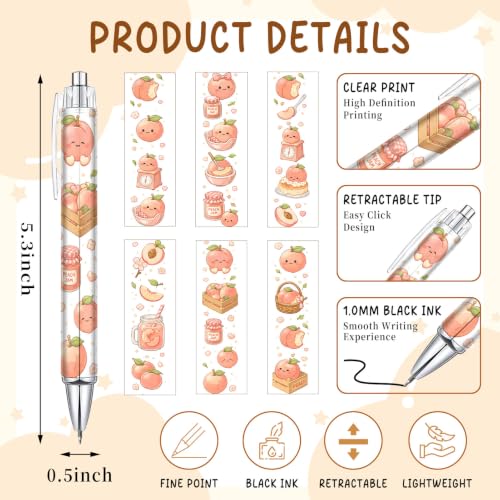 6 Pack Peach Inspirational Pens, Cute Kawaii Fruit Ballpoint Pen Set for Girls Kids Teens, Aesthetic School Supplies with Fun Peach Designs, Teacher Gifts, Classroom Rewards, Office Accessories