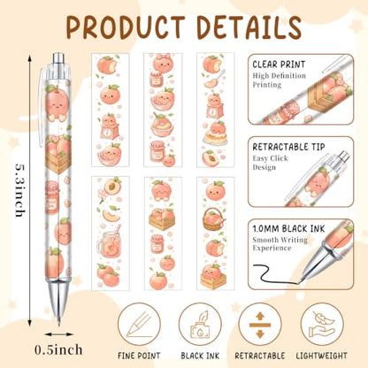 6 Pack Peach Inspirational Pens, Cute Kawaii Fruit Ballpoint Pen Set for Girls Kids Teens, Aesthetic School Supplies with Fun Peach Designs, Teacher Gifts, Classroom Rewards, Office Accessories