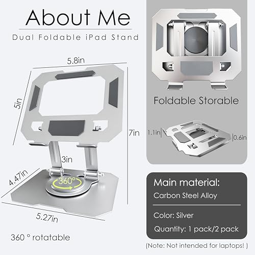 Tablet Stand for iPad, 360° Rotating Desktop Holder, Carbon Steel Adjustable Foldable Desk Holder for Home/Office, for Phone iPad Pro Air Samsung,for 4" -16" Tablets, Portable Upgraded - Silver - size: Silver-1 PACK