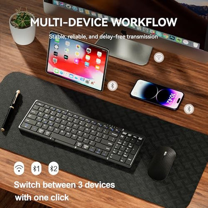 USB-C Rechargeable Folding Wireless Bluetooth Keyboard Combo | Full-Size Portable Travel Keyboard & Mouse for Business Travel, Compatible with Laptop iPad Tablet