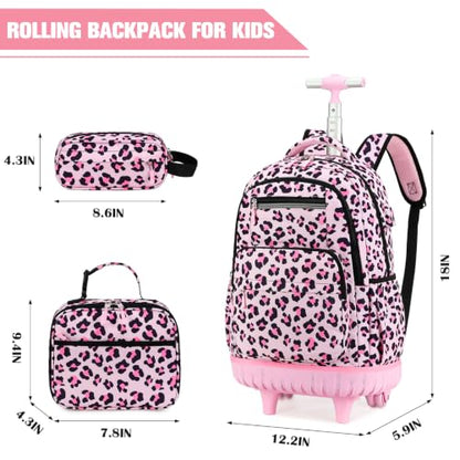 ACESAK Rolling Backpack for Girls - Roller Wheels School bag with Lunch Bag & Pencil Pouch for Teen Girls Kids Wheeled Suitcase Backpacks, Elementary Middle School Travel Daypack (Pink Leopard) - color: Pink Leopard