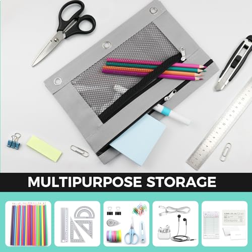 3 Ring Pencil Pouch for Binder, 2-Pocket Zipper Pencil Case with Clear Window & Mesh Pocket, 600D Oxford Fabric Binder Pouch for School Office Supplies, Fits Standard 3-Ring Binders, Grey - color: Grey