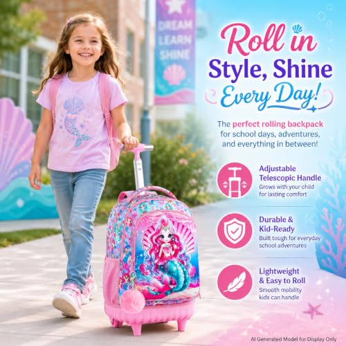 3PCS Kids Rolling Backpack, Boys Girls Roller Wheels Bookbag, Wheeled School Bag with Lunch Bag