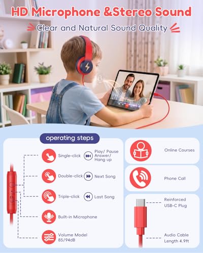 Candy Bila USB C Kids Headphones for School, HD Mic Stereo Sound, 85/94dB Safe Volume, Foldable Wired Over Ear Headphones for Travel, Toddler, Boys, Girls, Tablet, iPad, Gradient red to Dark Blue - color: Gradient red to Dark Blue