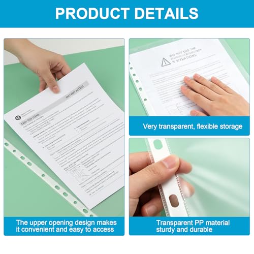 A4 Punched Pocket, 100 Pack Premium Clear Sheet Protectors 11.97 x 9.25in, 11-Hole Plastic Page Protectors Sheet Top Loaded, Paper Sheets Document Sleeve for 2/3/4 Ring Binder (Color:Transparent)