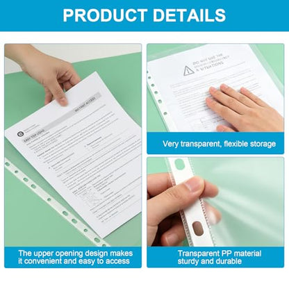 A4 Punched Pocket, 100 Pack Premium Clear Sheet Protectors 11.97 x 9.25in, 11-Hole Plastic Page Protectors Sheet Top Loaded, Paper Sheets Document Sleeve for 2/3/4 Ring Binder (Color:Transparent)