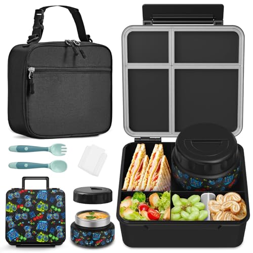 Bento Box for Kids with Thermo Food Container (9oz), 4-Compartment Lunch Box, Adjustable Divider, Leakproof Bento Lunch Box, Includes Utensils & Carry Bag for School, Office(Black-Game) - color: Black-Game