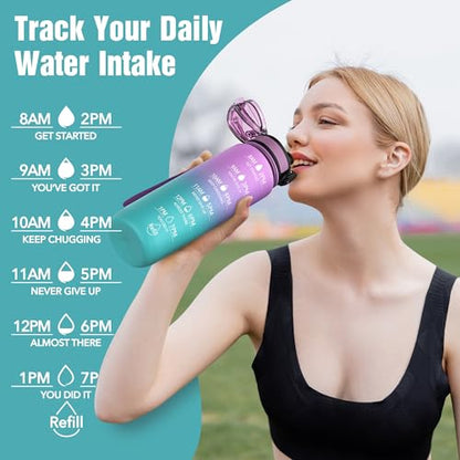 OLDLEY Water Bottle, 32oz Motivational Sports Water Bottle with Time Marker - Times to Drink - Tritan, BPA Free, Wide Mouth Leakproof,Confectionery - color: Confectionery