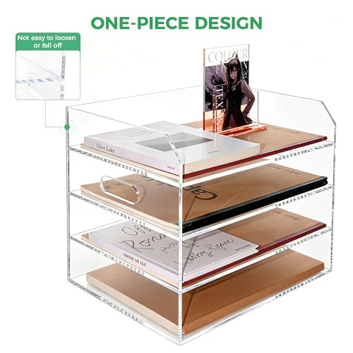 Paper Tray Organizer for Desk, 4 Tier Acrylic Desk Organizers and Accessories, One-Piece Integrated A4 Paper Organizer with Handles, Crystal-Clear Letter Tray & Office File Holder, Books Notes - size: 4-Tier-Horizontal