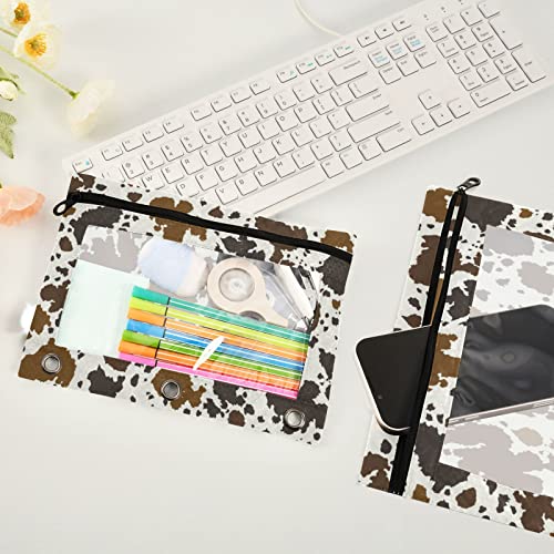 Kcldeci Pencil Pouch for 3 Ring Binder, Cowhide Leather 2 Pack Binder Pencil Pouch with Clear Window Pencil Bags with Zipper Pencil Case for Binder - color: C01