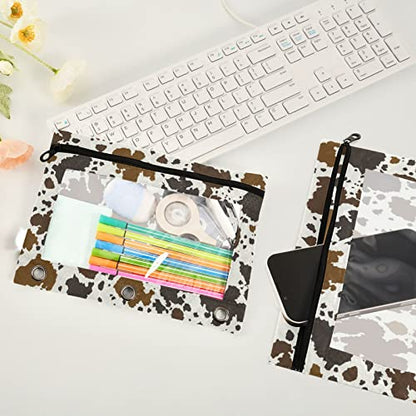 Kcldeci Pencil Pouch for 3 Ring Binder, Cowhide Leather 2 Pack Binder Pencil Pouch with Clear Window Pencil Bags with Zipper Pencil Case for Binder - color: C01