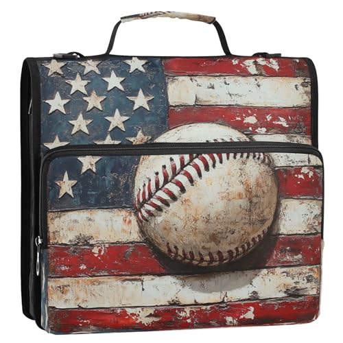 Caikeny 3 Ring Zipper Binder Vintage Flag Baseball 1.5 inch Binders Bag with Shoulder Strap and Handle Expanding File Pockets - color: Multicolored 1z2.8
