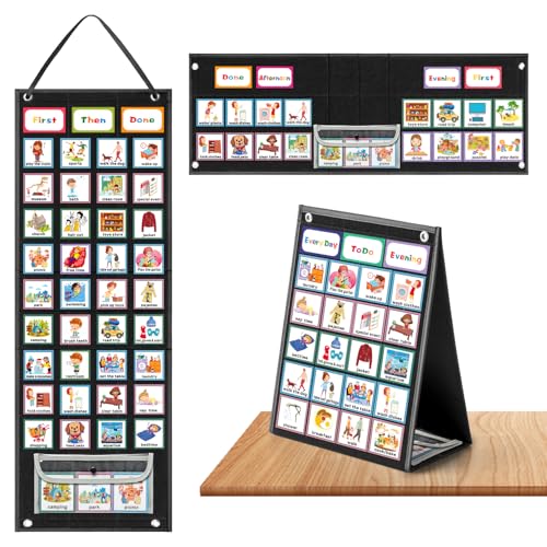 REGELETO X-Large Visual Schedule Chart for Students Chore with 92 Pieces Behavior Cards, Visual Behavioral Routine Chart for Students, Daily Schedule Board Learning Planners for Home School (X-Large) - color: Black- XL Desktop Schedule Chart