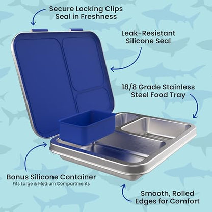 Bentgo Kids Stainless Steel Prints Leak-Resistant Lunch Box - 3-Compartments with Bonus Silicone Container, Durable, Eco-Friendly, Dishwasher Safe, BPA-Free, Ideal for School, Ages 3+ (Shark) - color: Shark